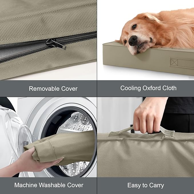 Tail Stories Outdoor Extra Large Dog Bed, Jumbo Waterproof Dog Bed for Large Dogs, Orthopedic Egg Crate Foam Pet Mat with Removable Oxford Cooling Cover, Khaki