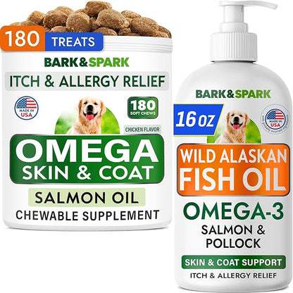 BARK&SPARK Omega 3 + Fish Oil for Dogs - Skin Allergy Chews, Itch Relief, Hot Spots Treatment - Fish Oil Liquid Supplement for Pets, EPA+DHA Fatty Acids, Skin & Coat Support - Bundle: 180 Ct + 16 Oz