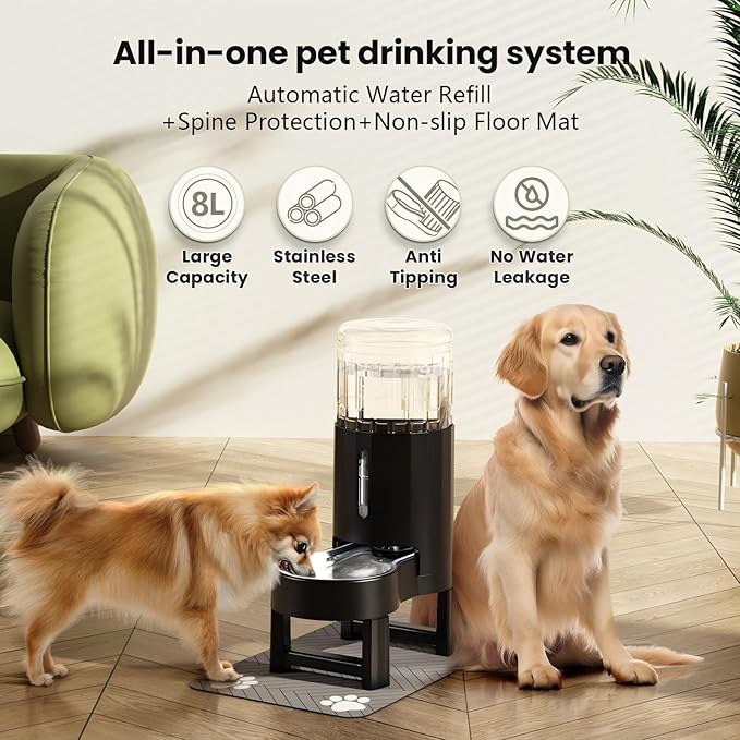 CZPET Elevated Dog Water Bowl Dispenser 8L with Mat for Large Dogs,Tall Raised Pet Waterer Stand,Relieve Neck Pressure,Large Capacity and Drinking Area Noise-Free for Pets (8L+Stand+Mat,Black)