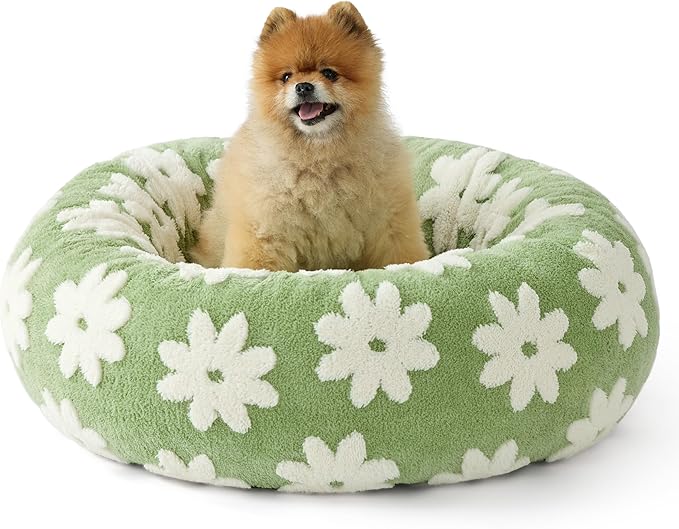 LE SURE Donut Small Dog Bed - Round Cat Beds Indoor Calming Gift for Pets, Cute Modern Beds with Jacquard Shaggy Plush & Anti Slip Bottom, 27 Inch, Green