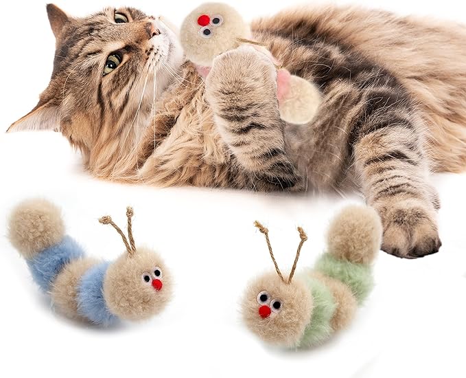 Jumpaws Interactive Natural 3 PK Catnip Toy, with Rattle, Bite Resistant, for All Ages Indoor Cat, Soft Caterpillar Toys, Fluffy Kitten Toy