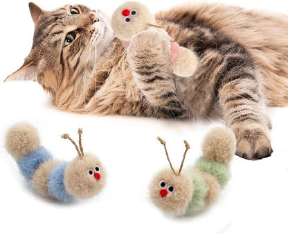 Jumpaws Interactive Natural 3 PK Catnip Toy, with Rattle, Bite Resistant, for All Ages Indoor Cat, Soft Caterpillar Toys, Fluffy Kitten Toy
