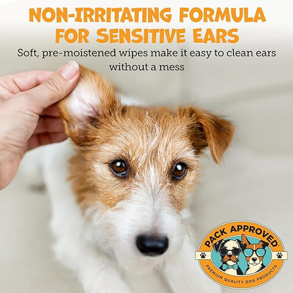 Pack Approved Ear Wipes for Dogs with Aloe Vera & Eucalyptus - Gentle Ear Cleaner for Dogs to Help Remove Wax and Odor - Convenient and Mess-Free Cleaning Pads for Dirty, Itchy Ears - 100 Wipes