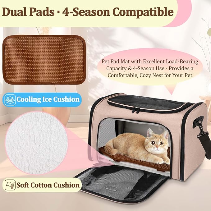 DSDCDJ Cat Carrier Dog Carrier - Soft-Sided Cat Carrier with Plush Pad & Cooling Mat, Easy-Load 4-Side Zipper & 3-Side Mesh Ventilation, Pet Carrier Airline Approved for Cats/Dogs Up to 20 lbs, Brown