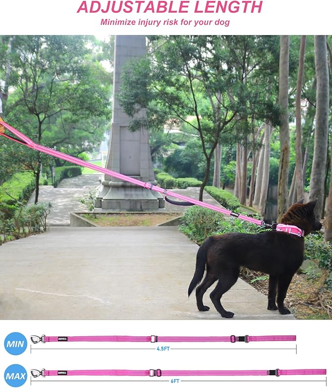 AUBELL Double Handle Tactical Dog Leash Heavy Duty for Small and Medium Large Dogs,Reflective Adjustable Nylon Leash That Pull with Car Seatbelt for Training,4.5-6FT,Pink
