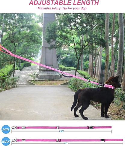 AUBELL Double Handle Tactical Dog Leash Heavy Duty for Small and Medium Large Dogs,Reflective Adjustable Nylon Leash That Pull with Car Seatbelt for Training,4.5-6FT,Pink