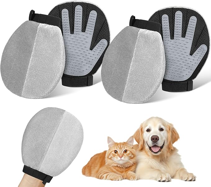 Pawaboo 2 Pack Pet Hair Removal Gloves, Dual-Side Electrostatic Hair Removal & Silicone Fur Brush for Dogs and Cats, Reusable Five-Finger Pet Fur Grooming Glove for Couch Carpet Clothes, Grey