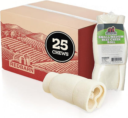 Redbarn Pet Products All-Natural Beef Cheek Rolls for Dogs, Grain-Free Cow Cheeks, Naturally Rich in Collagen, Available in Chicken & Carrot Glaze or Uncoated (Original, Small/Medium (Pack of 25))