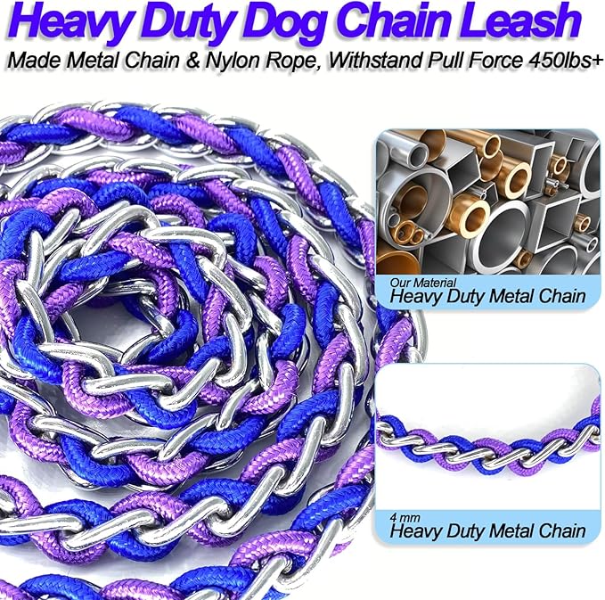 Dog Leash Rope Chain, Nylon Rope Metal Chain for Pet Leads. 6ft Heavy Duty Chew Proof Training Walking for Medium Large Dogs. (Large, Blue&Purple)