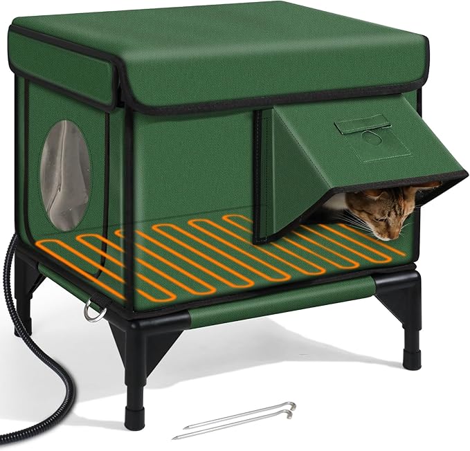 Outdoor Heated Cat House in Winter,Extremely Insulated & Weatherproof,Elevated Feral Cat Shelter with Waterproof Eaves & Escape Door for Outside Stray Barn Cat (Army Green,S)