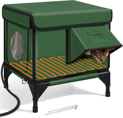 Outdoor Heated Cat House in Winter,Extremely Insulated & Weatherproof,Elevated Feral Cat Shelter with Waterproof Eaves & Escape Door for Outside Stray Barn Cat (Army Green,S)