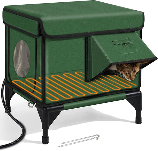 Outdoor Heated Cat House in Winter,Extremely Insulated & Weatherproof,Elevated Feral Cat Shelter with Waterproof Eaves & Escape Door for Outside Stray Barn Cat (Army Green,S)