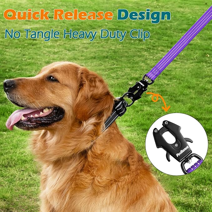 PetBonus Heavy Duty Short Dog Leash, 18 Inch Nylon Traffic Leash with Quick Release Clip, Comfortable Padded Handle, Reflective Training Lead for Medium Large Dogs (Purple, 18")