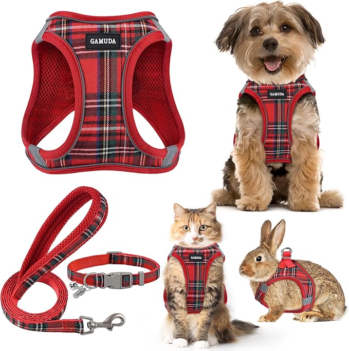 GAMUDA Small Dog Harness Collar and Leash Set, Step in No Chock No Pull Soft Mesh Adjustable Dog Vest Harnesses Plaid Reflective for Dogs Puppy Cats Kitten Rabbit (Red, M)