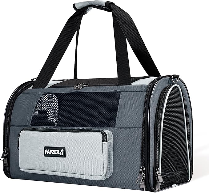 PAPZER Collapsible Small Pet Carrier for Cat 15 lbs with Fashion Pocket, Lightweight Sturdy Travel Carry Bag Little Puppy Dog, Breathable Stylish Kitten Soft Cage Kennel, 17.7x11.0x11.8 Inch Grey
