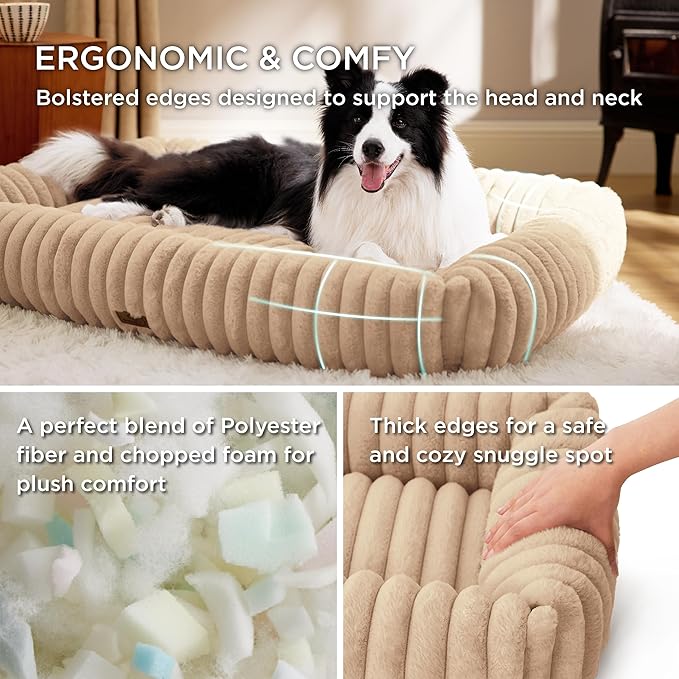 Bedsure ComfyFleece Cute Dog Beds Large Sized Dog - Washable Furry Pet Beds, Rectangle Orthopedic Corduroy Fleece Puppy Beds with Removable Zipper Cover, 36x27x8inches,Sandy Beige