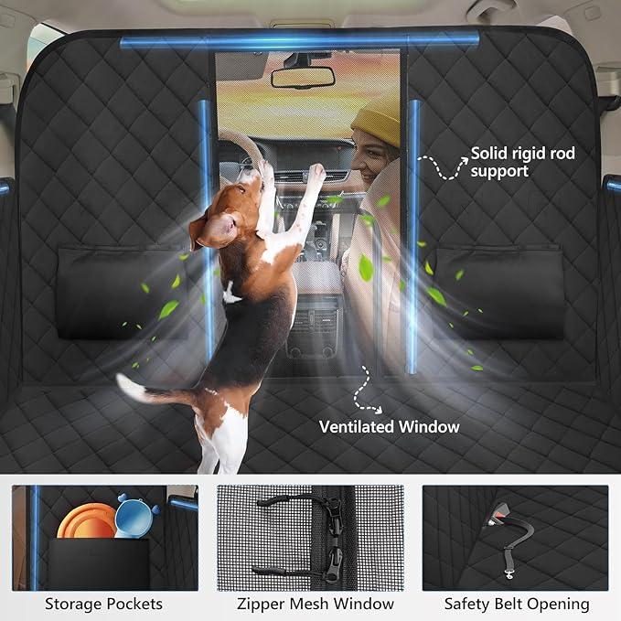 ROUWINNE High Barrier Back Seat Extender for Dogs, Hard Bottom Dog Car Seat Cover for Back Seat Holds 420lbs, Backseat Protector Pet Bed, Waterproof Dog Hammock for Car SUV and Trucks