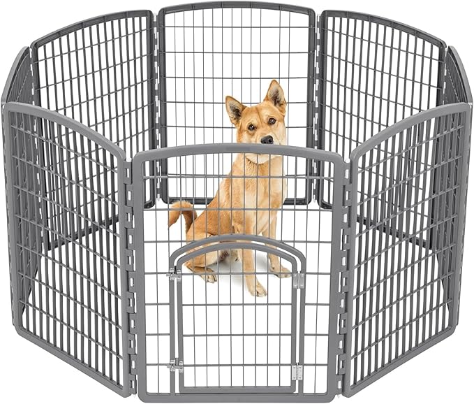 IRIS USA 34" 8-Panel Pet Dog Puppy Playpen with Door, Indoor/Outdoor Dog Pen, 63 x 63 x 34, Foldable, Customizable, Dark Gray
