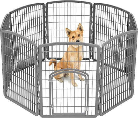 IRIS USA 34" 8-Panel Pet Dog Puppy Playpen with Door, Indoor/Outdoor Dog Pen, 63 x 63 x 34, Foldable, Customizable, Dark Gray
