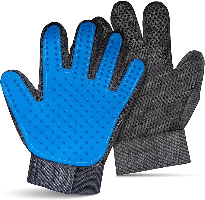 Pet Grooming Gloves for Dogs & Cats – Premium 259-Tip Deshedding & Massage Mitts, Easy-Peel Hair Removal, Adjustable Strap, 1 Pair (Blue/Pink) (Blue)