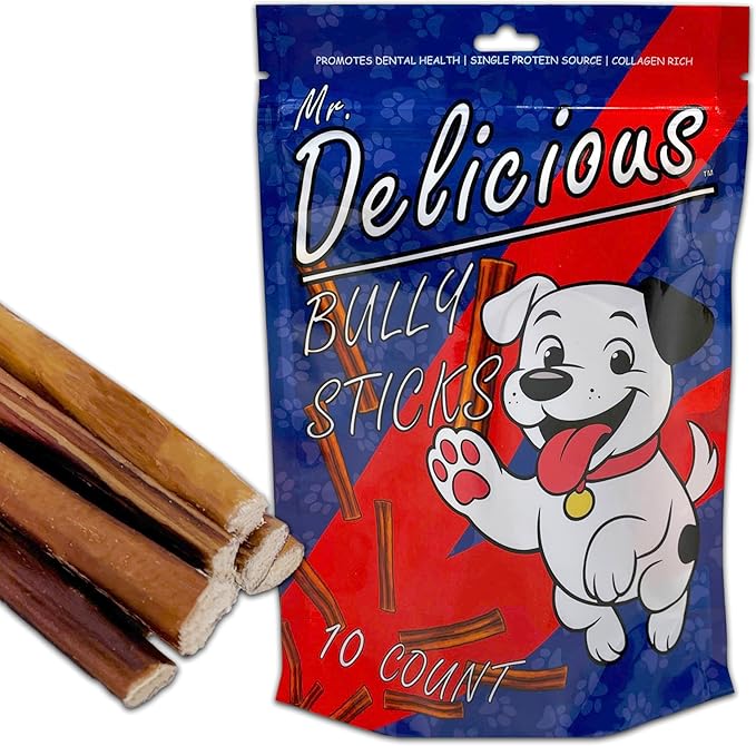 Mr. Delicious Bully Sticks for Dogs (10 Count, 6 Inch Extra Thin), Consistent Thickness, All Natural, Grass Fed, Rawhide-Free, Single Ingredient, Long Lasting Dog Chews