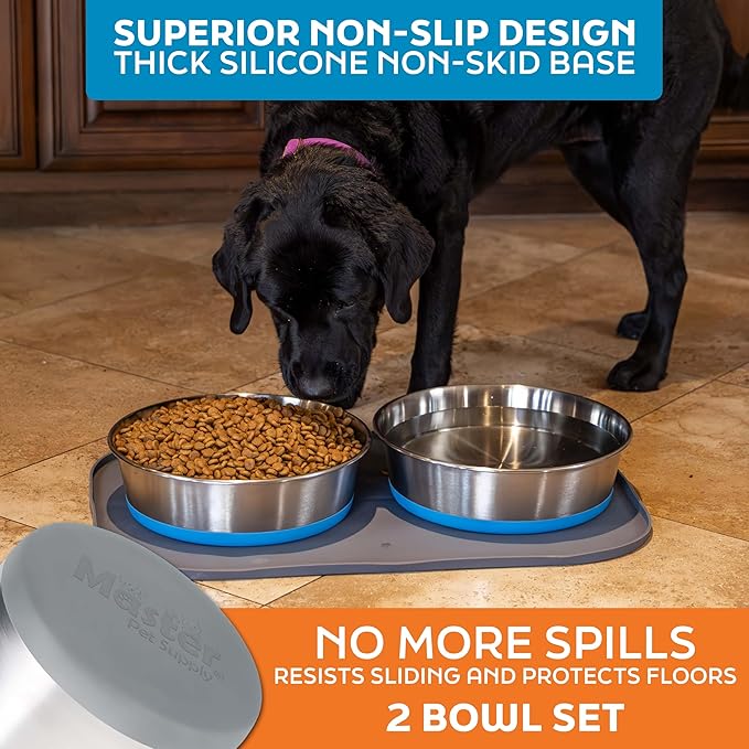 Master Pet Supply Stainless Steel Dog Bowls Set of 2 with Extra Thick Silicone Base - 16 Cup (128 oz) Graphite, Non-Slip, Dishwasher Safe Metal Bowls, Pet Dog Food Bowl for Dogs, Cats, Anti Rust
