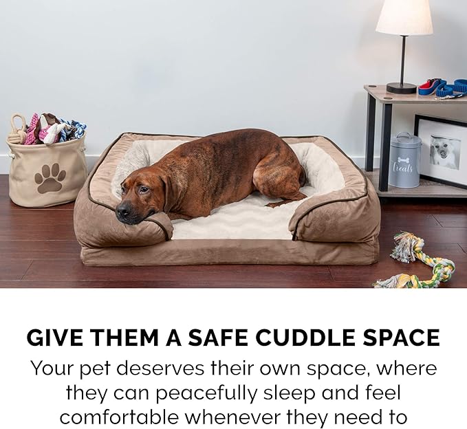 Furhaven Memory Foam Dog Bed for Large Dogs w/ Removable Bolsters & Washable Cover, For Dogs Up to 125 lbs - Plush & Velvet Waves Perfect Comfort Sofa - Brownstone, Jumbo Plus/XXL
