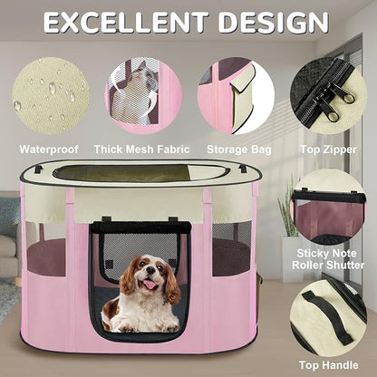 Pet Dog Cat Playpen with Waterproof Pad,Portable Puppy Kitten Rabbit Crate and Other Small Animals Kennel Cage Tent for Indoor Outdoor Travel Camping,Water-Resistant Breathable Shade Cover (Pink S)