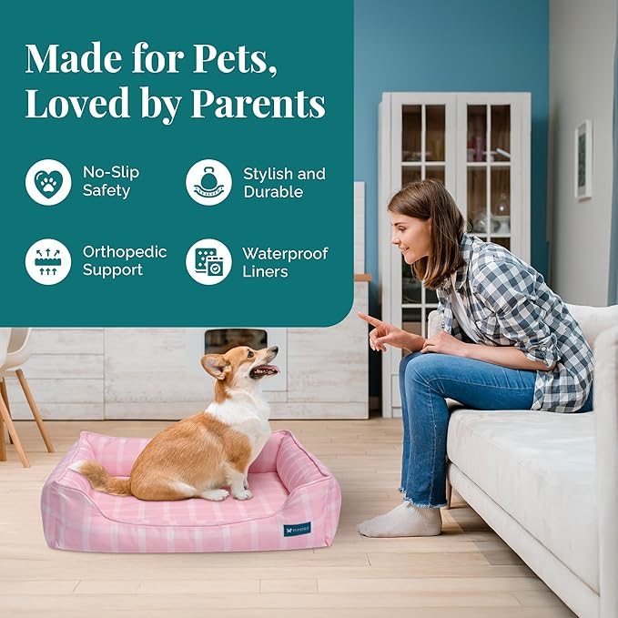 Pupstilo Orthopedic Bolster Dog Bed – CertiPUR-US Foam, Recycled Polyester Canvas, Washable Cover, Anti-Slip Bottom, Small, Pink Check – Stylish Designer Dog Sofa
