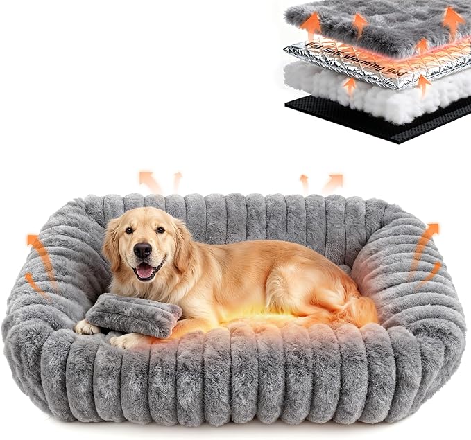 Dog Beds Large Sized Dog, Washable Self Warming Dog Cat Bed Rectangle Orthopedic Large Pet Sofa, Super Soft Plush Rabbit Fur Pet Couch Cute Cat Bed with Removable Zipper Cover & Anti-Slip Bottom