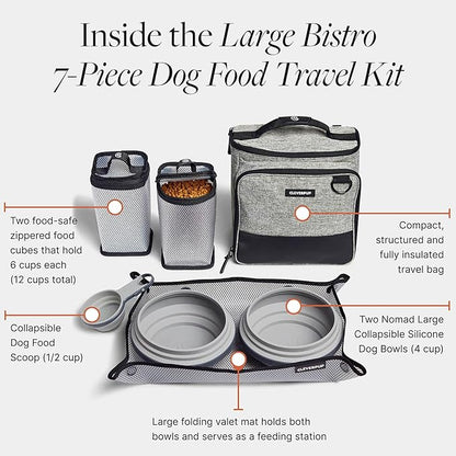 Cleverpup, Large 7-Piece Bistro Box Dog Food Travel Kit, 12-Cup Kibble Storage, 2 Silicone Bowls, Mat & Scoop - Premium Portable Pet Food Kit for Weekends, Overnights, Daycare & Camping, Heather Grey