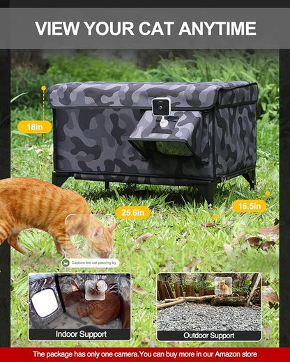 Heated Cat House for Outside,Dual Camera Mounts,100% Weatherproof & Extremely Insulated,Elevated Feral Cat Shelter with Escape Door,Waterproof Eaves for Outdoor Stray Barn Cat(Dark Camo,L)