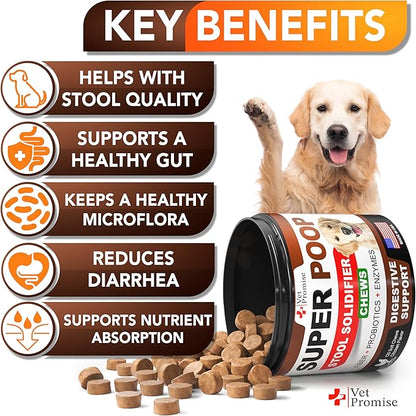Vet Promise Super Poop Probiotics for Dogs - Dog Stool Softener - Fiber for Dogs Supplement - 6 Probiotics and Digestive Enzymes - Healthy Gut - Perfect for Firm Stool & Diarrhea Relief - 120 Chews