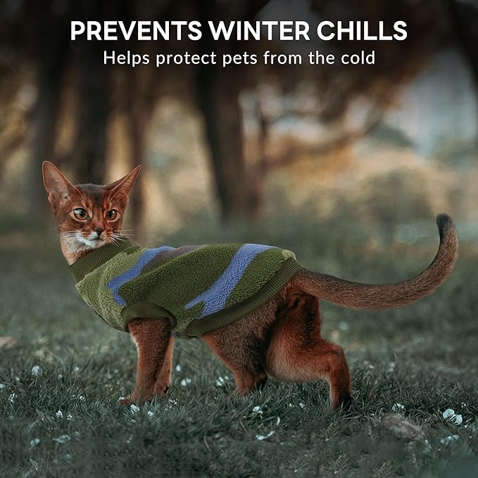 PUMYPOREITY Winter Warm Cat Sweater - Super Soft & Elastic Knit with Plush Fleece, Easy-On Design with Ribbed Neck & Cuffs, Stretchy Cat Outfit for Indoor/Outdoor Use,Green, S