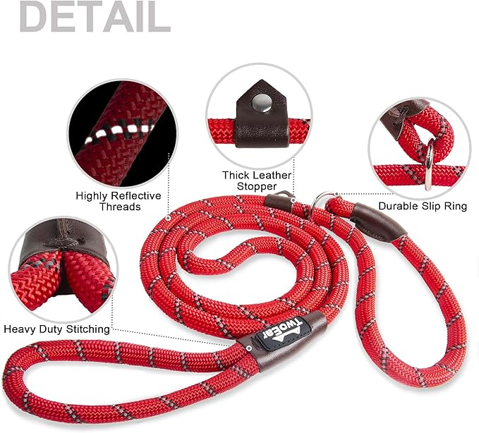 TwoEar 6FT Slip Lead Dog Leash, Heavy Duty Slip Leash for Dogs with Highly Reflective, Strong Rope Slip Leads No Pull Pet Training Leashes for Large Medium Dogs (1/2", Red)