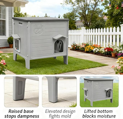 Weatherproof Outdoor Cat House with Insulated Liner for Feral Cat, Plastic Elevated Cat Shelter with Escape Door, Easy Assemble, Expansive Interior‌ Grey 22.0" L x 21.0" W x 16.0" H
