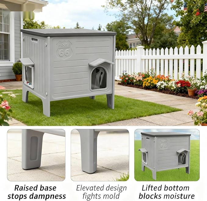 Weatherproof Insulated Outdoor Cat House for Feral Cat, Plastic Elevated Cat Shelter with Escape Door, Easy Assemble, Expansive Interior‌ Grey 22.0" L x 21.0" W x 16.0" H