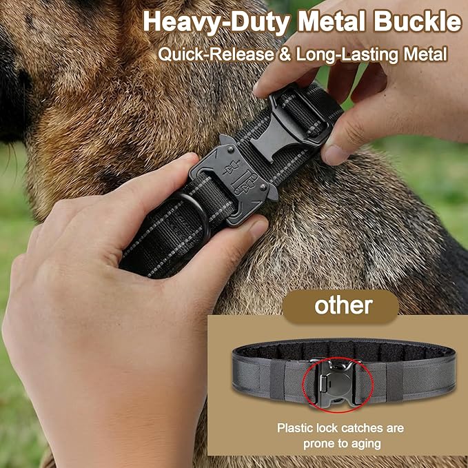 KCUCOP Tactical Dog Collar for Medium & Large Dogs - Military Nylon Heavy Duty Collar with Handle, Reflective Strip & Metal Buckle for Training, Outdoor (Black Reflective, XLarge)