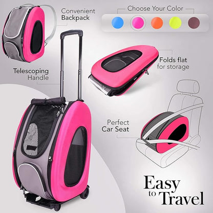 ibiyaya - Compact 5-in-1 Convertible and Foldable Small Pet Carrier and Stroller - Multifunctional Combo System Cat Stroller and Dog Stroller - Pets up to 16 Pounds - Pink