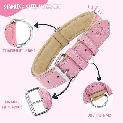 Riparo Genuine Leather Pink Dog Collar Heavy Duty K-9 Adjustable Dog Collar (L: 1.5" Wide for 17"-21" Neck, Pink)