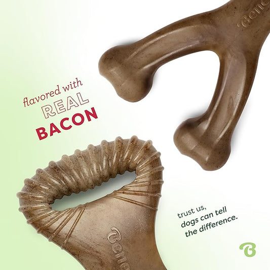 Benebone 2-pack Wishbone/Dental Durable Dog Chew Toys, Dog Toys for Aggressive Chewers, Real Bacon, Made in USA, Medium