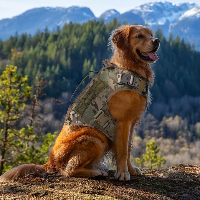 Tactical Dog Backpack Harness for Large Breed Original Design Metal Buckle Vest with Side Bags Pouches for Service Working Training (Camouflage (Vest only), L)