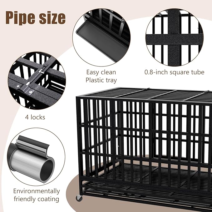 SHUSHIM 48 Inch Heavy Duty Dog Crate Kennel with Wheels, High Anxiety Indestructible Dog Crates for Large Dogs, XL XXL Extra Large Dog Crate with Removable Plastic Tray, Two Locks (Black, Square)