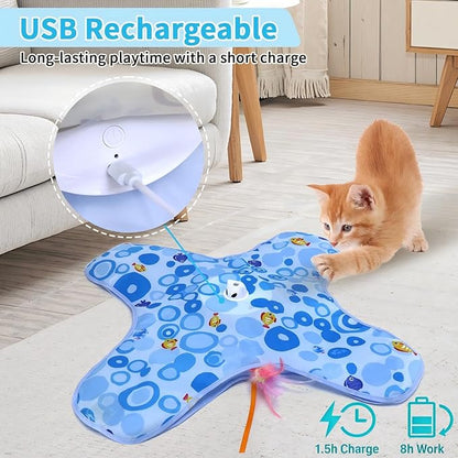 DFQ Interactive Cat Toy for Indoor Cats, Rechargeable Touch-Activated Moving Feather Wand with Concealed Motion, Play Toy for Kittens and Adult Cats (Blue)