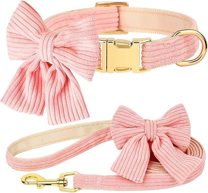 Didog Cute Dog Collar and Leash Set with Bowtie, Girl Dog Collars Metal Buckle Adjustable for Small Medium Dogs(Pink, M)