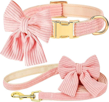 Didog Cute Dog Collar and Leash Set with Bowtie, Girl Dog Collars Metal Buckle Adjustable for Small Medium Dogs(Pink, M)