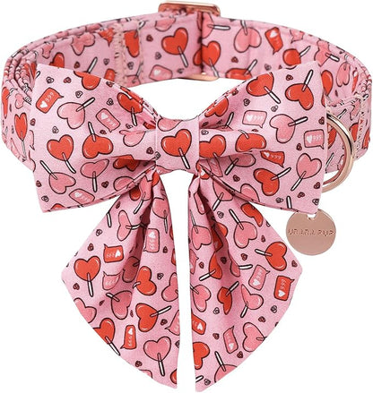 UP URARA PUP Valentine’s Day Dog Collar with Bow Tie, Pink Heart Bowtie Collar with Metal Buckle, Valentine’s Day Gift Pet Collar for Puppy Girl Boy Dog or Cat, Wedding Dog Collar, S, Neck 10-16in