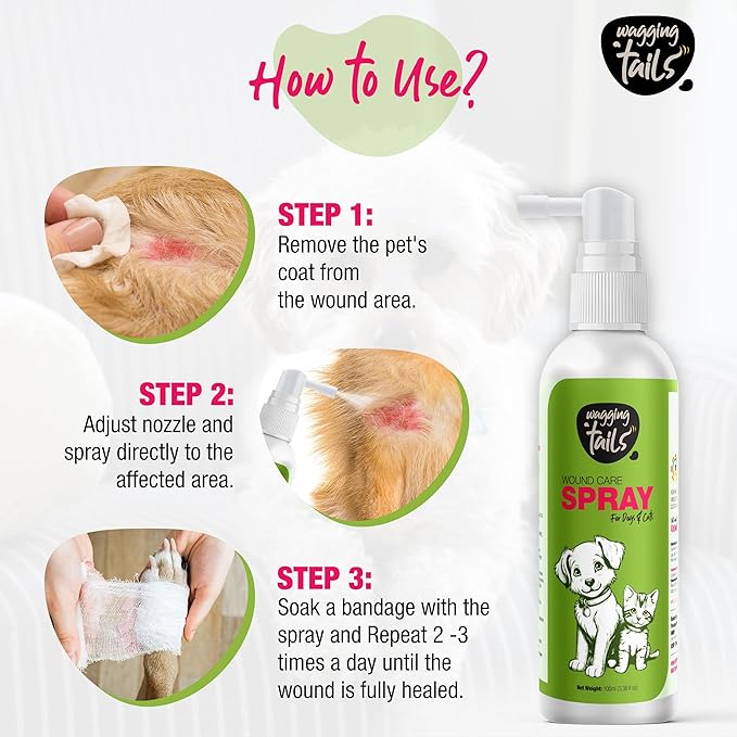 Wagging Tails Wound Care Spray - 3.38 fl oz | Active Nano Silver Cleanse & Heals - Cuts, Infections, Abrasions | Recovery Liquid for Dog & Cat of All Breeds | Gentle Antiseptic Soothes Inflammation