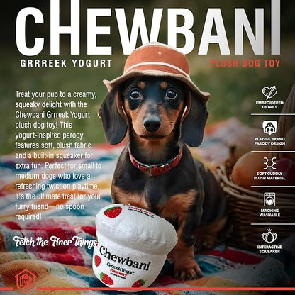 Chomp Haus Chewbani Grrreek Yogurt – Luxurious Plush Dog Toy with Squeaker, Premium Fabric, Embroidered Details, Designer-Inspired Chew Toy, Fun Gift for Small to Medium Dogs & Dog Lovers