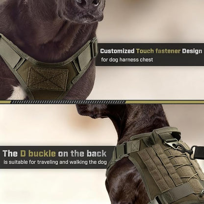 Tactical Dog Harness for Large Dogs, Adjustable No Pull Service Dog Vest Suitable for Training, Walking and Traveling, Easy Control Pet Harness, Army Green, M